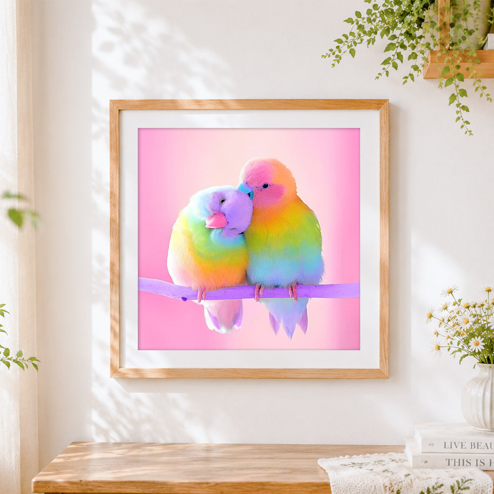 Finished rainbow parakeets in love cross stitch artwork displayed