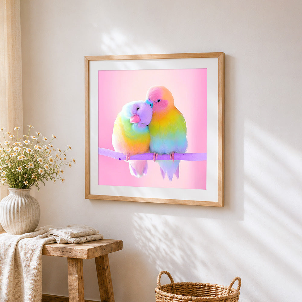 Rainbow parakeets in love cross stitch artwork displayed on wall as home decor