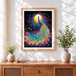 Finished rainbow peacock under the moon cross stitch artwork displayed