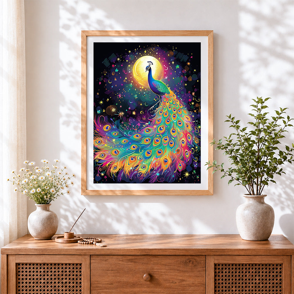 Finished rainbow peacock under the moon cross stitch artwork displayed
