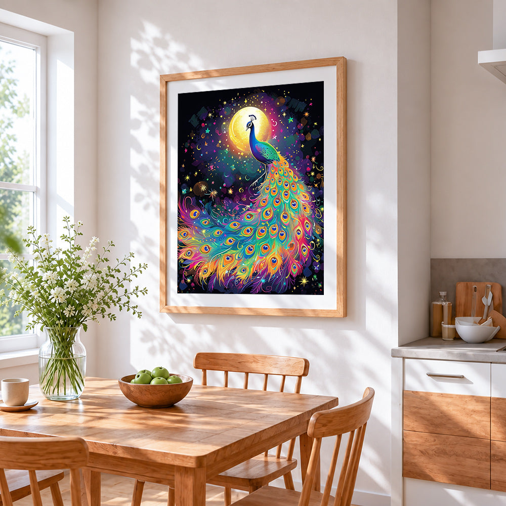Rainbow peacock under the moon cross stitch artwork displayed on wall as home decor
