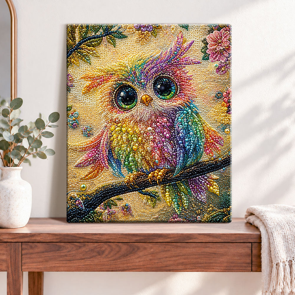 Finished rainbow pearl owl on branch pearl diamond painting artwork displayed as home decor