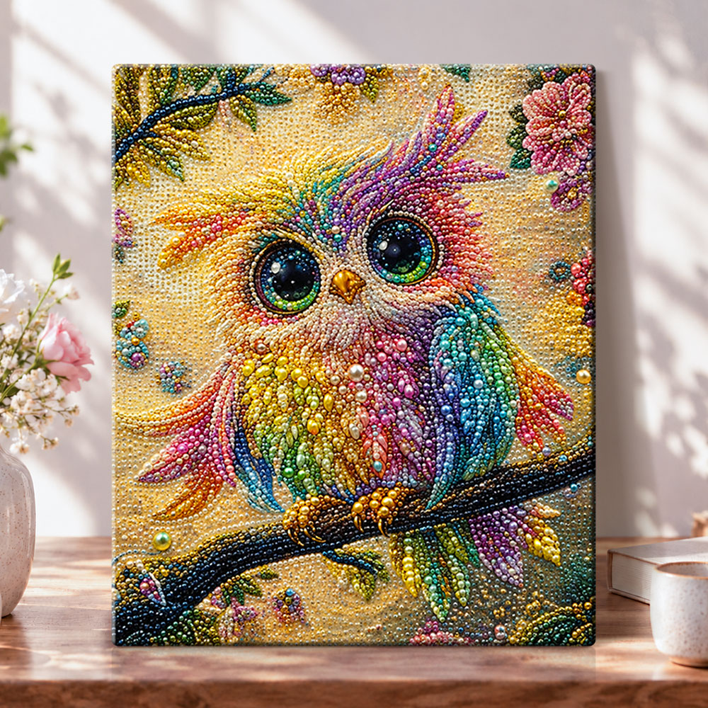 Rainbow pearl owl on branch pearl diamond painting kit for beginners