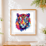 Finished rainbow pop art tiger cross stitch artwork displayed