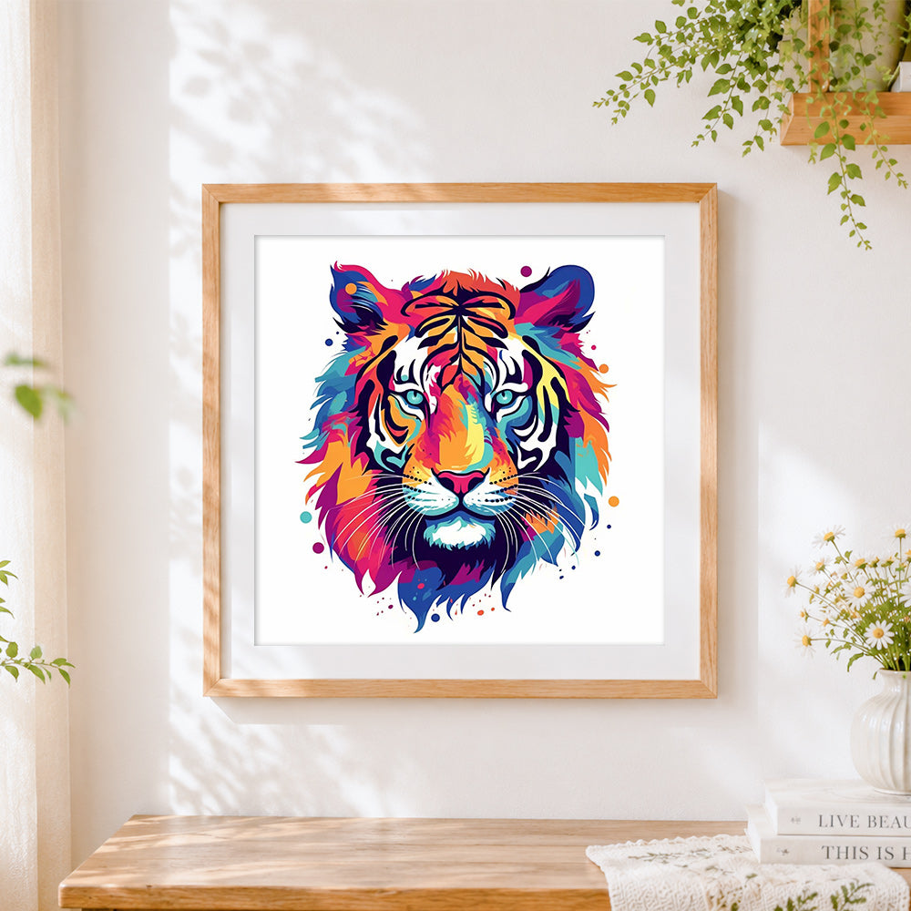 Finished rainbow pop art tiger cross stitch artwork displayed