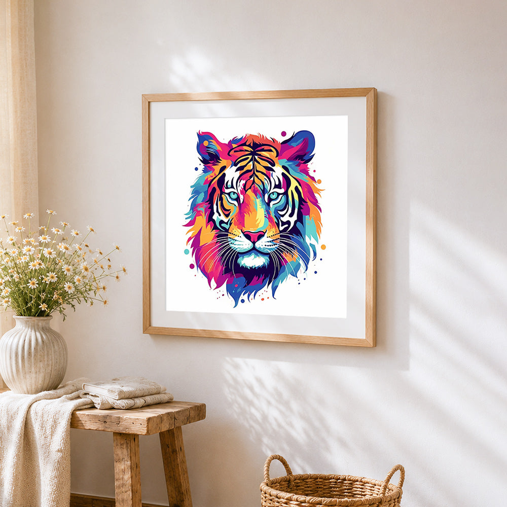 Rainbow pop art tiger cross stitch artwork displayed on wall as home decor