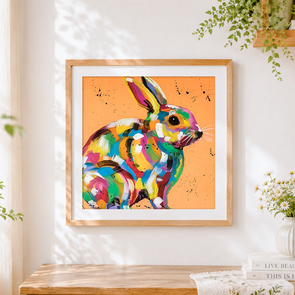 Finished rainbow rabbit cross stitch artwork displayed