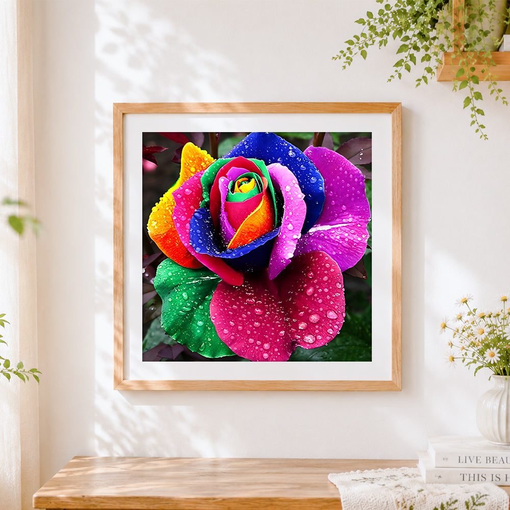 Finished rainbow rose with water droplets paint by numbers artwork displayed as home decor