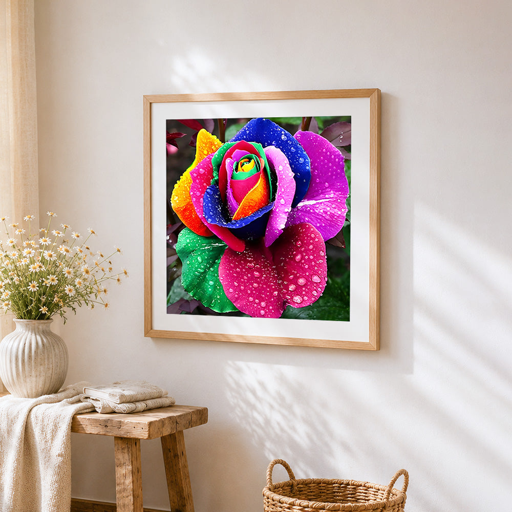 Rainbow rose with water droplets paint by numbers artwork displayed on wall as home decor