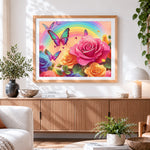 Finished Rainbow roses and butterflies cross stitch artwork displayed