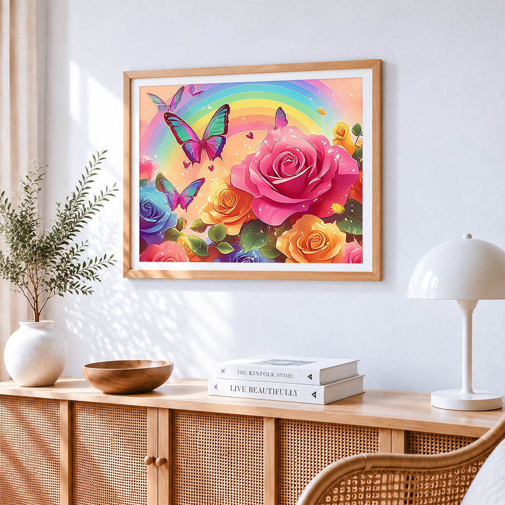 Rainbow roses and butterflies cross stitch artwork displayed on wall as home decor