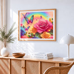 Rainbow roses and butterflies paint by numbers artwork displayed on wall as home decor
