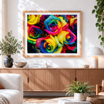 Finished rainbow roses bouquet cross stitch artwork displayed