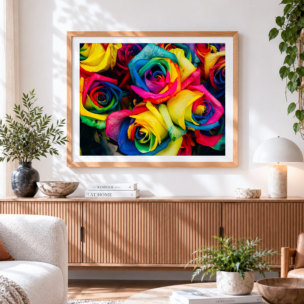Finished rainbow roses bouquet cross stitch artwork displayed