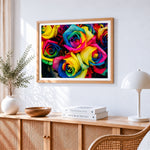Rainbow roses bouquet cross stitch artwork displayed on wall as home decor