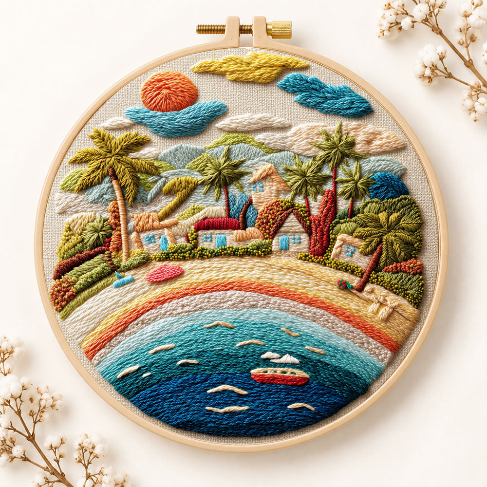 Rainbow seaside village embroidery kit