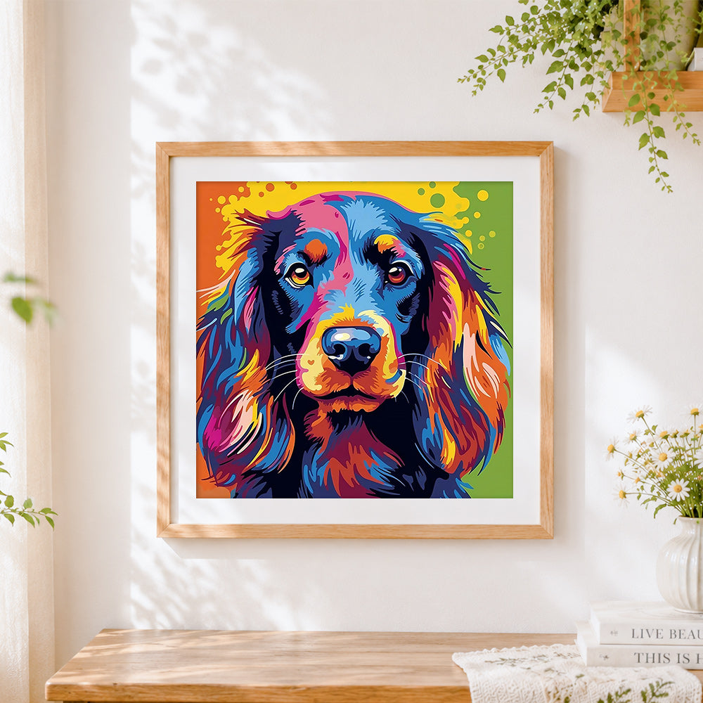 Finished rainbow spaniel cross stitch artwork displayed