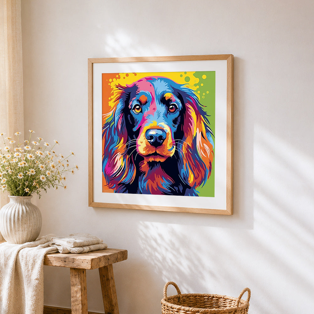 Rainbow spaniel cross stitch artwork displayed on wall as home decor
