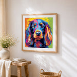 Rainbow spaniel cross stitch artwork displayed on wall as home decor