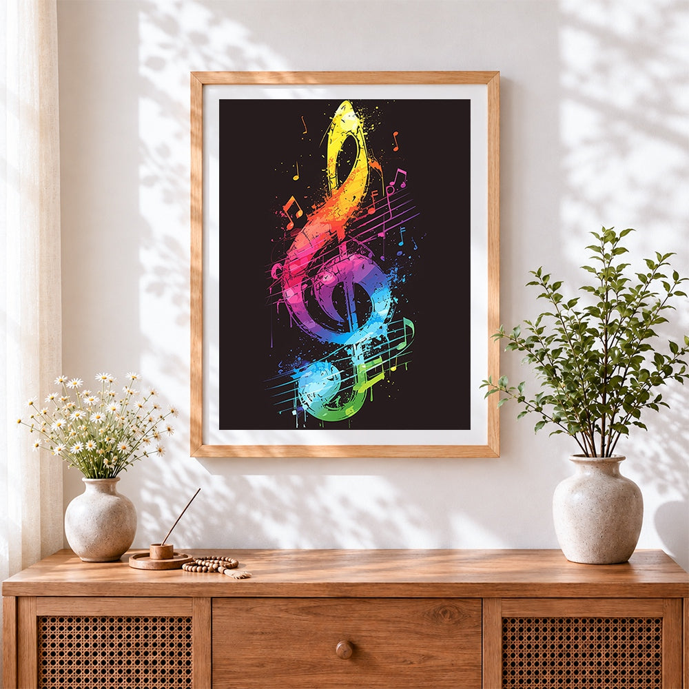 Finished rainbow splatter treble clef cross stitch artwork displayed