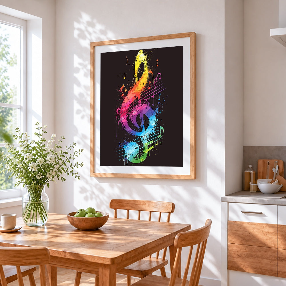 Rainbow splatter treble clef cross stitch artwork displayed on wall as home decor