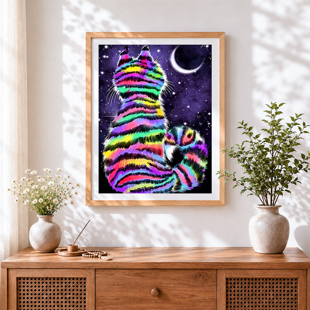 Finished rainbow striped cat in starry night cross stitch artwork displayed