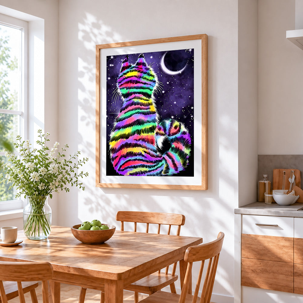 Rainbow striped cat in starry night paint by numbers artwork displayed on wall as home decor