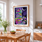 Rainbow striped cat in starry night paint by numbers artwork displayed on wall as home decor