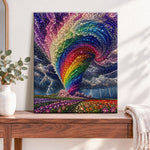 Finished rainbow tornado over flower field pearl diamond painting artwork displayed as home decor