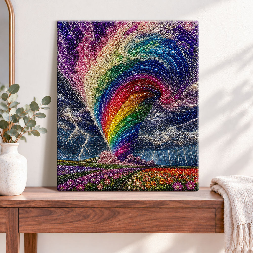 Finished rainbow tornado over flower field pearl diamond painting artwork displayed as home decor