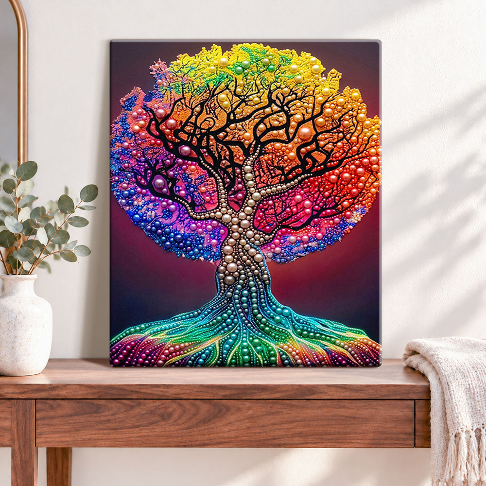 Finished rainbow tree of life pearl diamond painting artwork displayed as home decor
