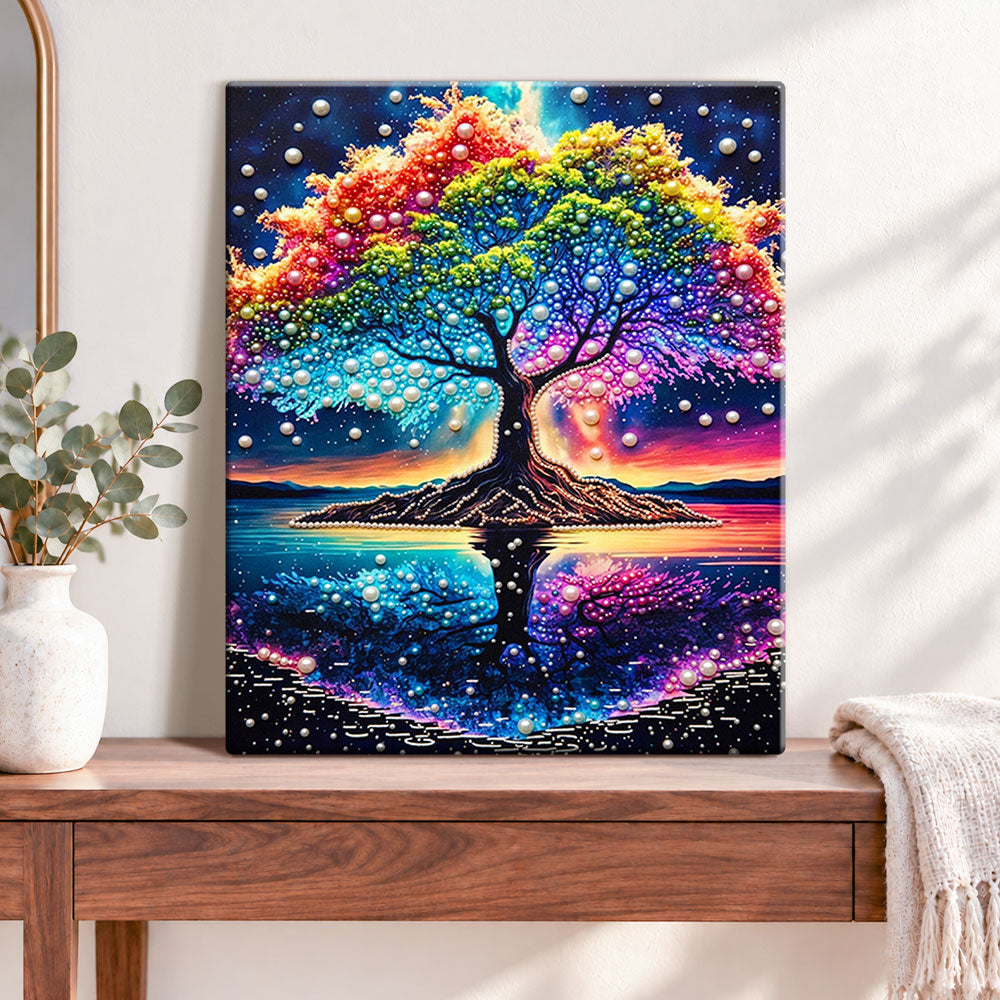 Finished rainbow tree reflection pearl diamond painting artwork displayed as home decor
