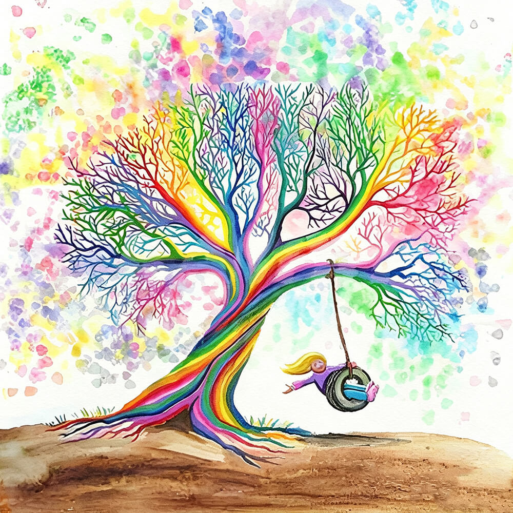 Rainbow tree with girl on swing cross stitch kit for beginners
