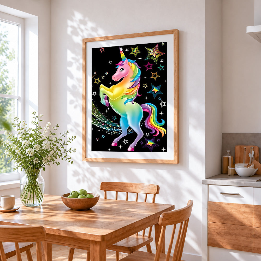 Rainbow unicorn and glitter stars paint by numbers artwork displayed on wall as home decor