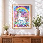 Finished rainbow unicorn in an enchanted forest paint by numbers artwork displayed as home decor
