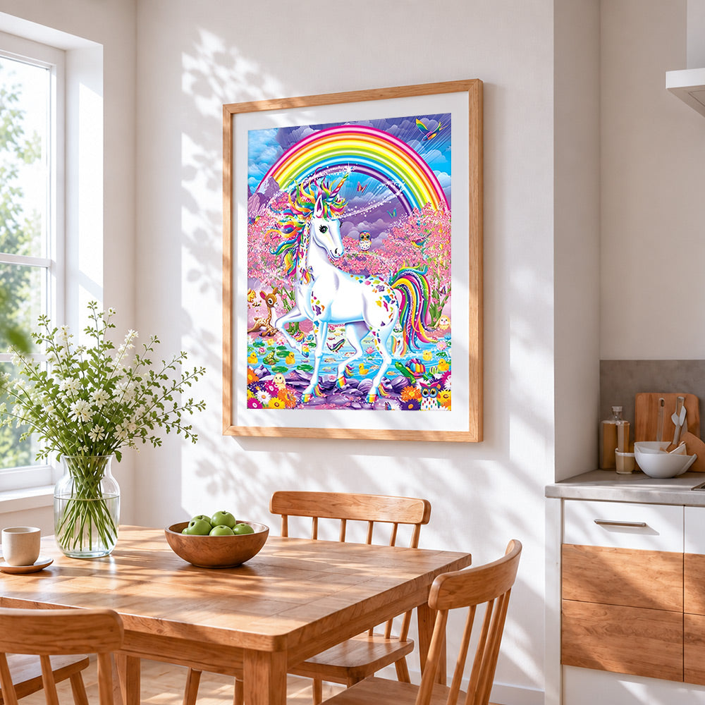 Rainbow unicorn in an enchanted forest paint by numbers artwork displayed on wall as home decor