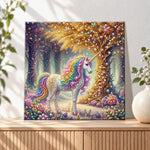 Finished rainbow unicorn in magic forest pearl diamond painting artwork displayed as holiday home decor