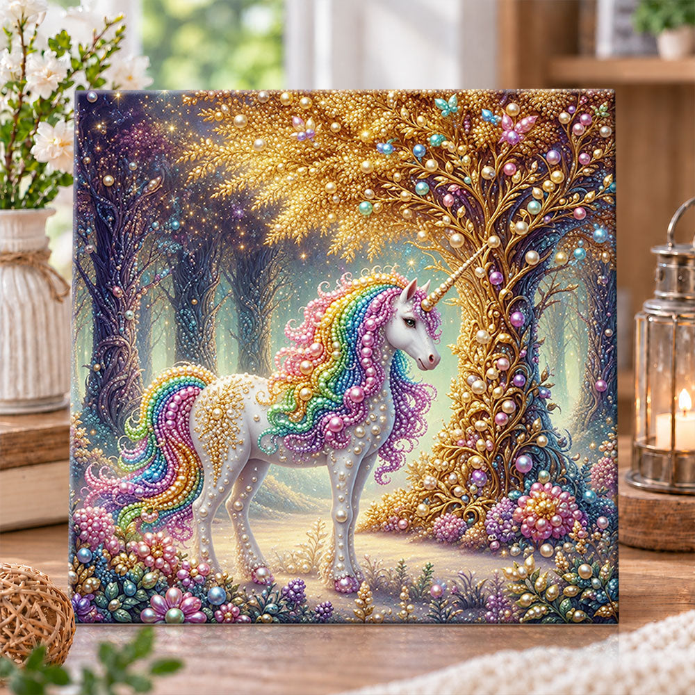 Rainbow unicorn in magic forest pearl diamond painting kit for beginners