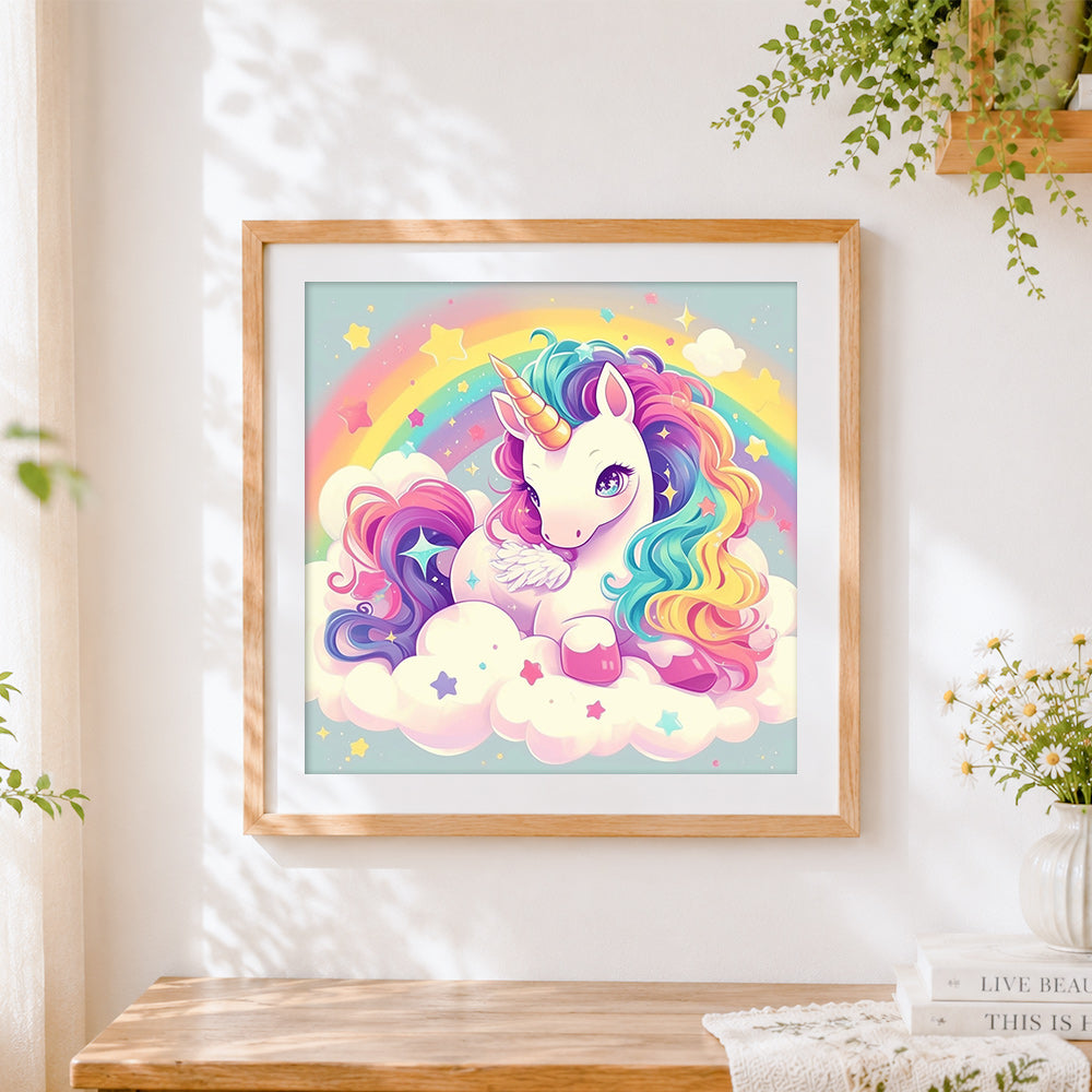 Finished rainbow unicorn on a cloud cross stitch artwork displayed