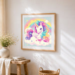 Rainbow unicorn on a cloud cross stitch artwork displayed on wall as home decor
