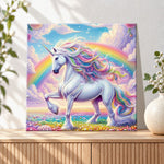 Finished rainbow unicorn under bright sky pearl diamond painting artwork displayed as holiday home decor
