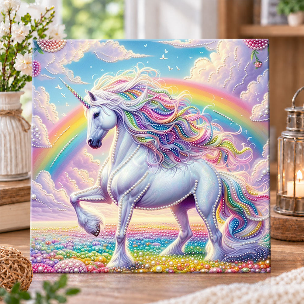 Rainbow unicorn under bright sky pearl diamond painting kit for beginners