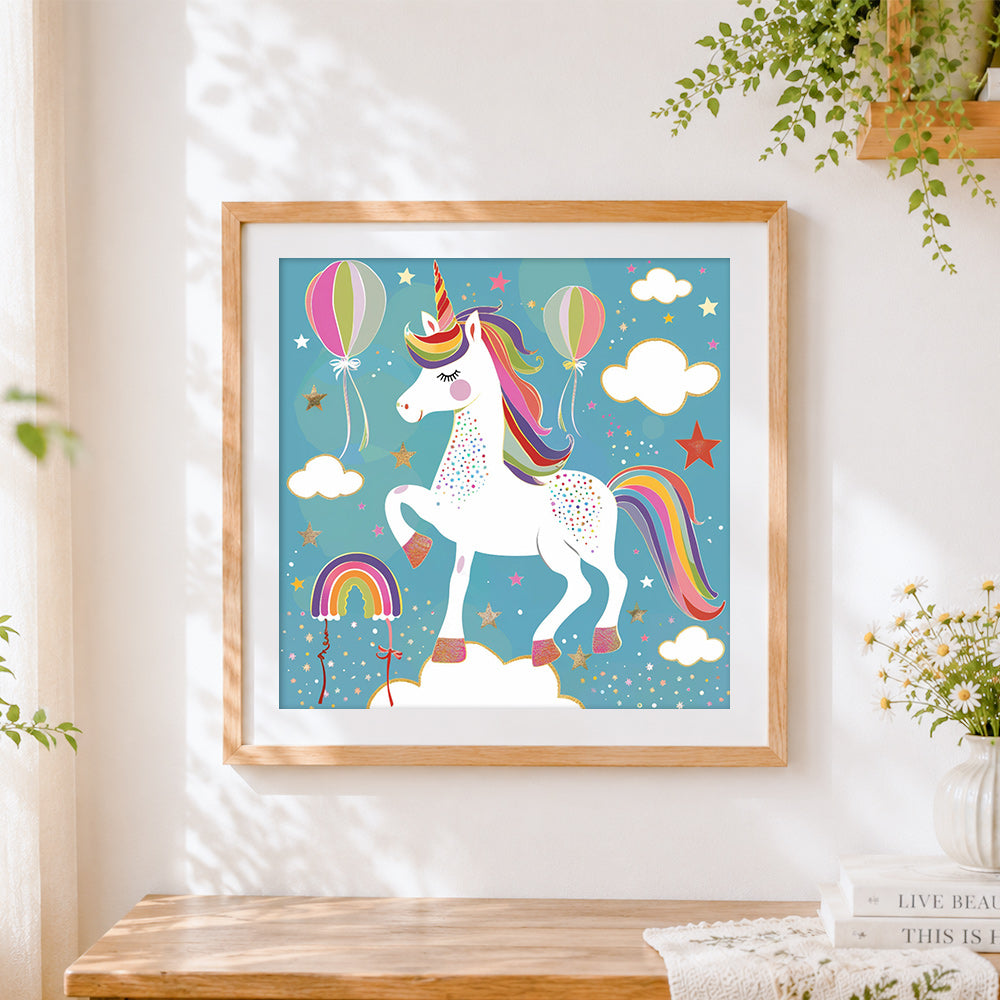 Finished rainbow unicorn with balloons cross stitch artwork displayed
