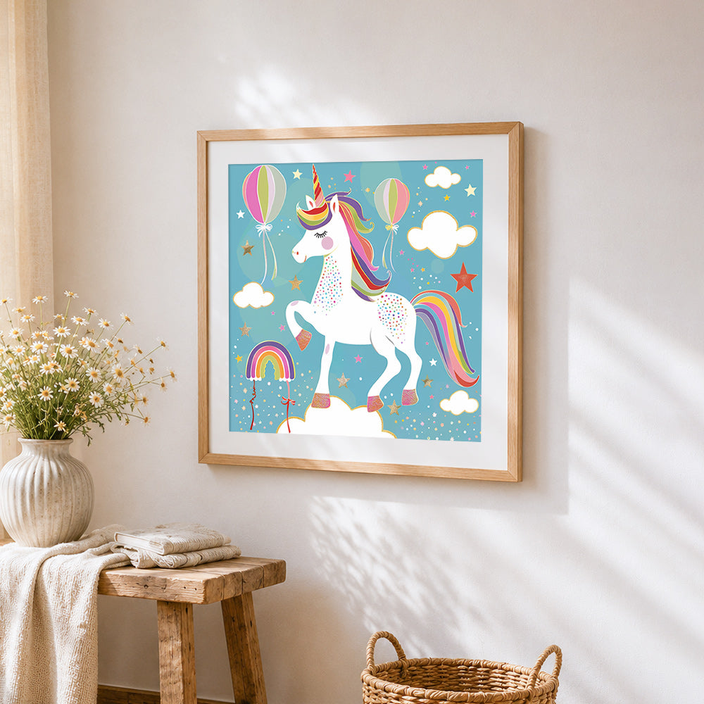 Rainbow unicorn with balloons cross stitch artwork displayed on wall as home decor