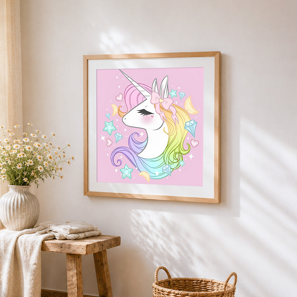 Rainbow unicorn with crystals and stars cross stitch artwork displayed on wall as home decor