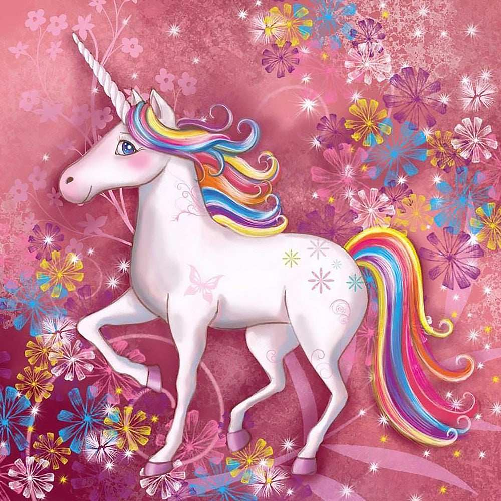 Rainbow unicorn with pink floral background cross stitch kit for beginners