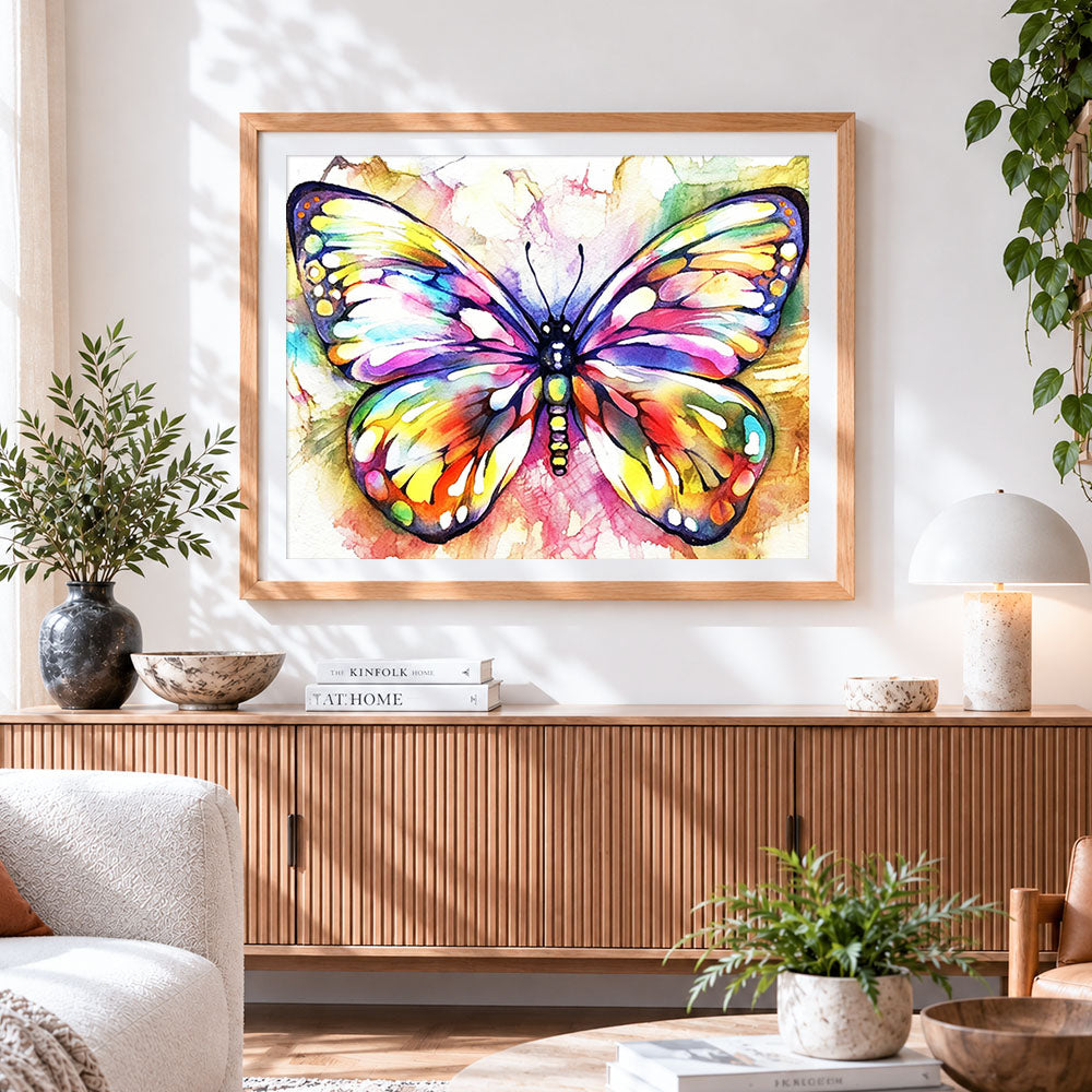 Finished rainbow watercolour butterfly cross stitch artwork displayed