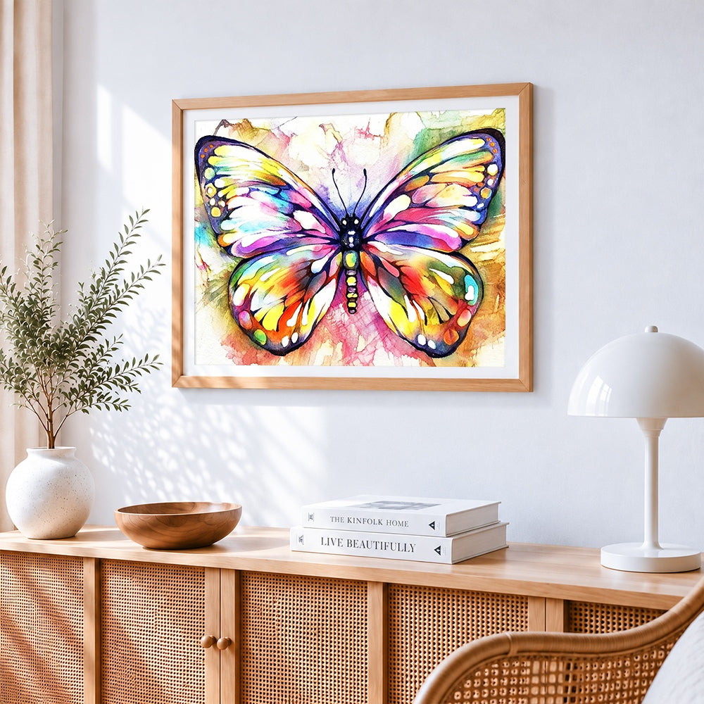 Rainbow watercolour butterfly paint by numbers artwork displayed on wall as home decor