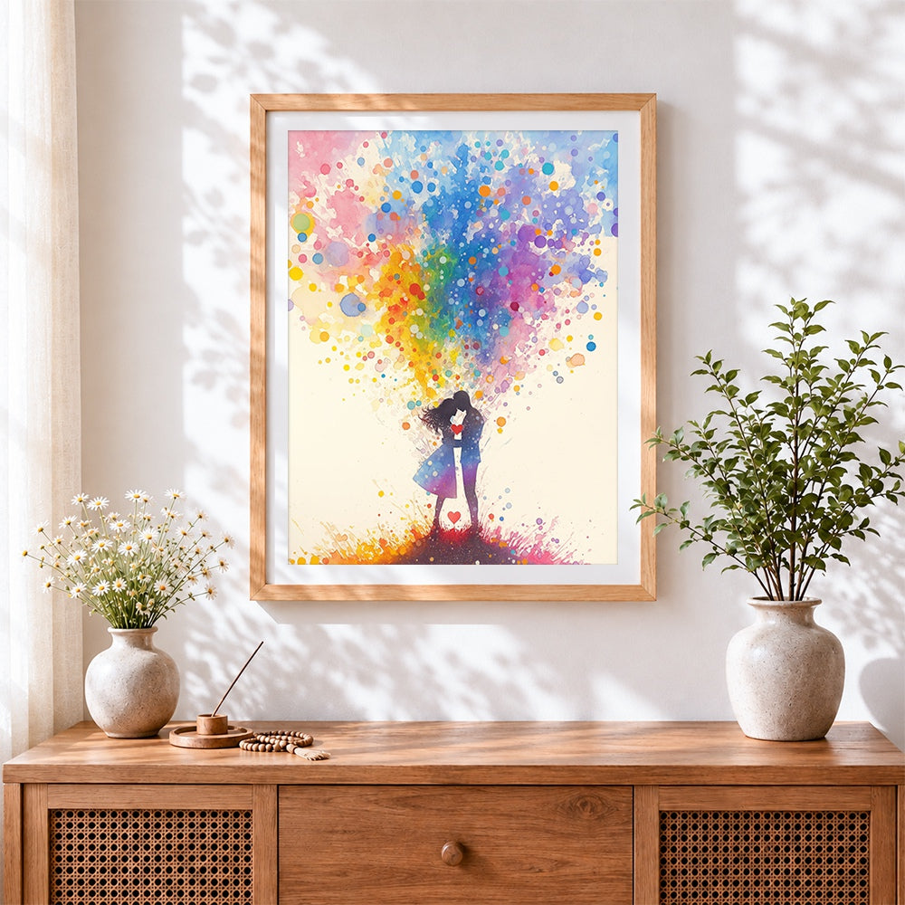 Finished rainbow watercolour couple cross stitch artwork displayed