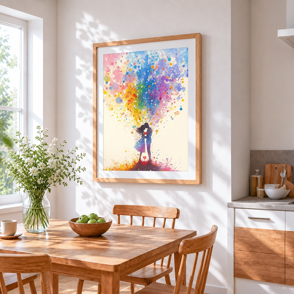 Rainbow watercolour couple cross stitch artwork displayed on wall as home decor
